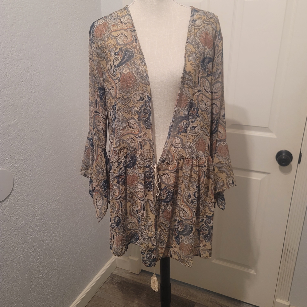 Paisley Kimono Cardigan in Beige and Blue